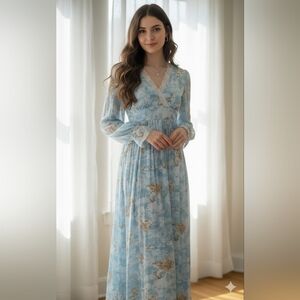 Vintage Turquoise Blue Floral Maxi Dress